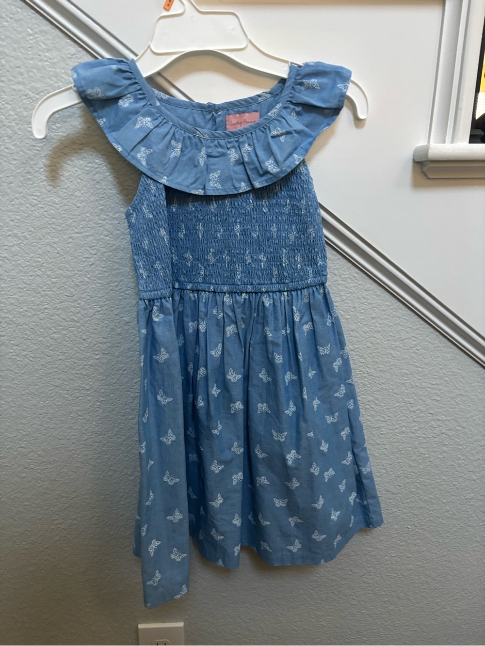 Girls' Light Blue Butterfly Smocked Dress with Ruffle Collar